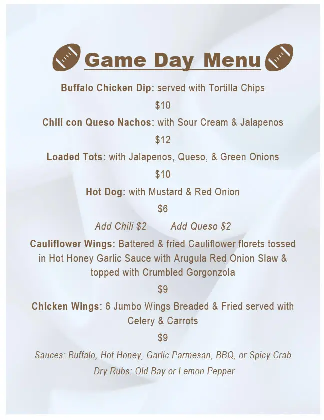 Game Day Menu